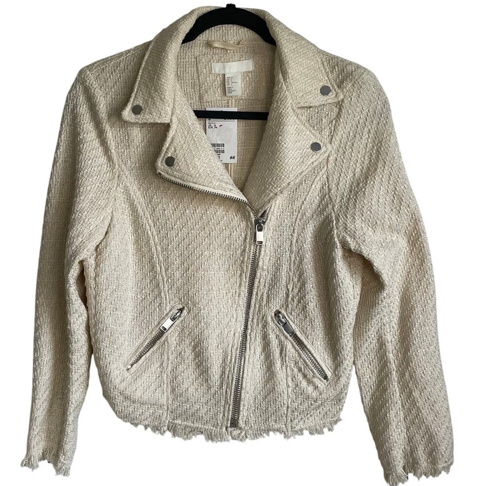 H&M Tweed Cream Moto Jacket NEW Sz 4 Fringe Hem Silver Hardware Shabby Chic